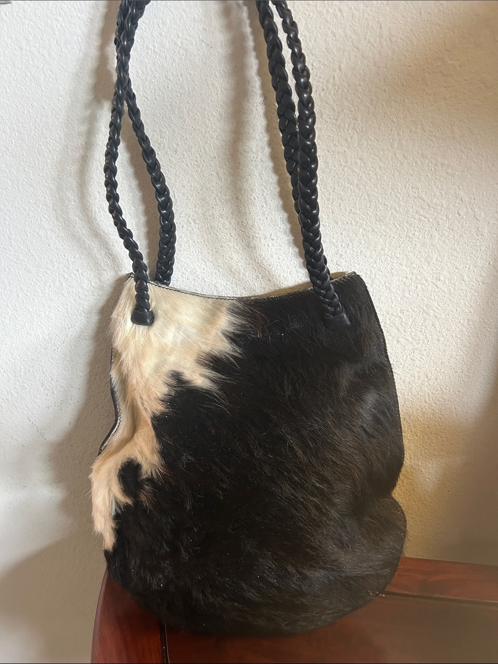 Black and White Cowhide Shoulder Bag with Braided Straps